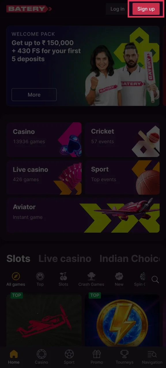 Click on the Register button to open the Batery registration form.