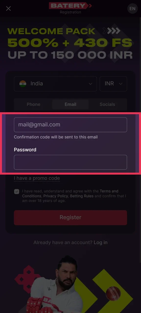 Enter your details to register at Batery.