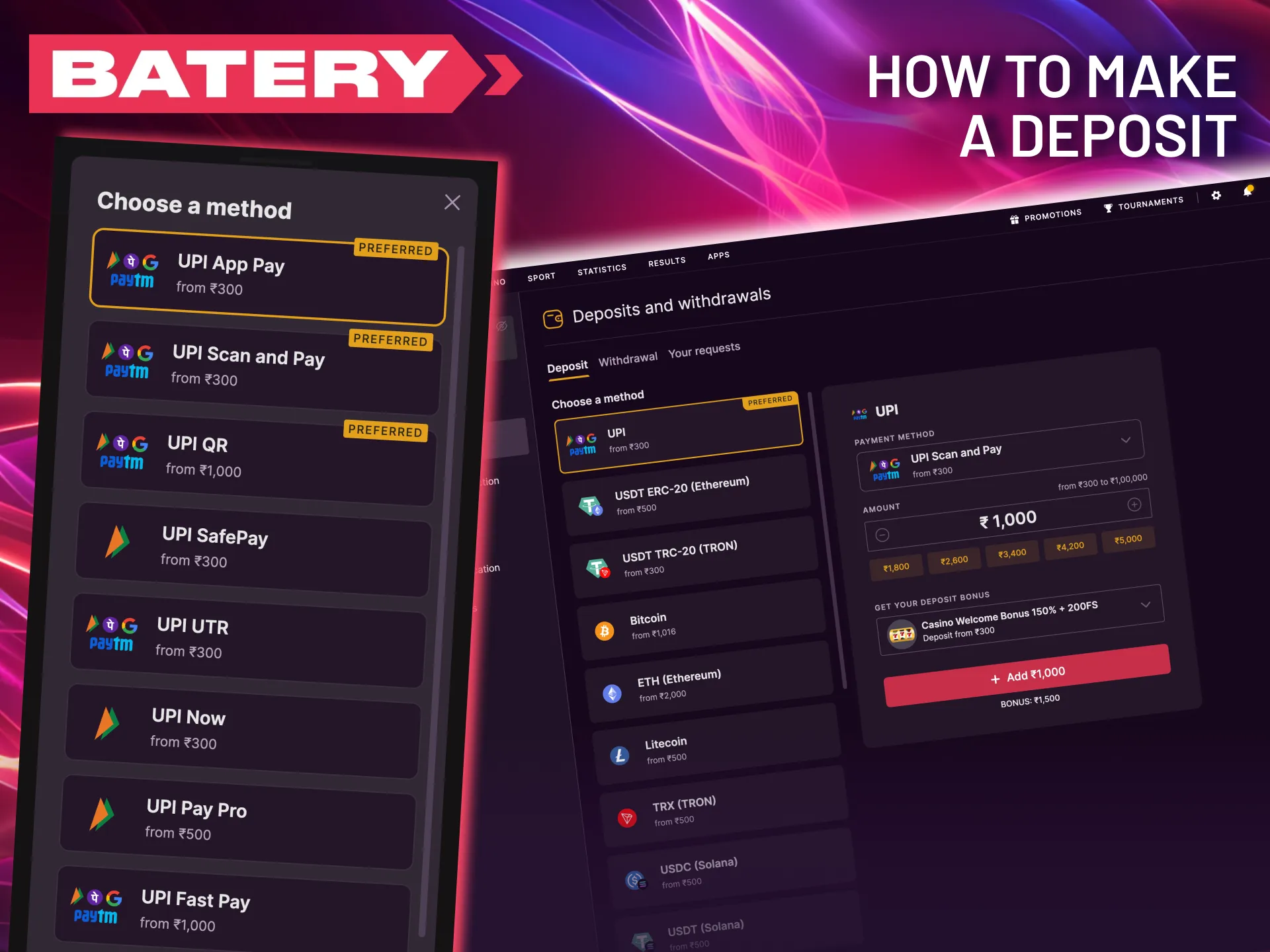 Fund your Batery account in minutes with secure payment.