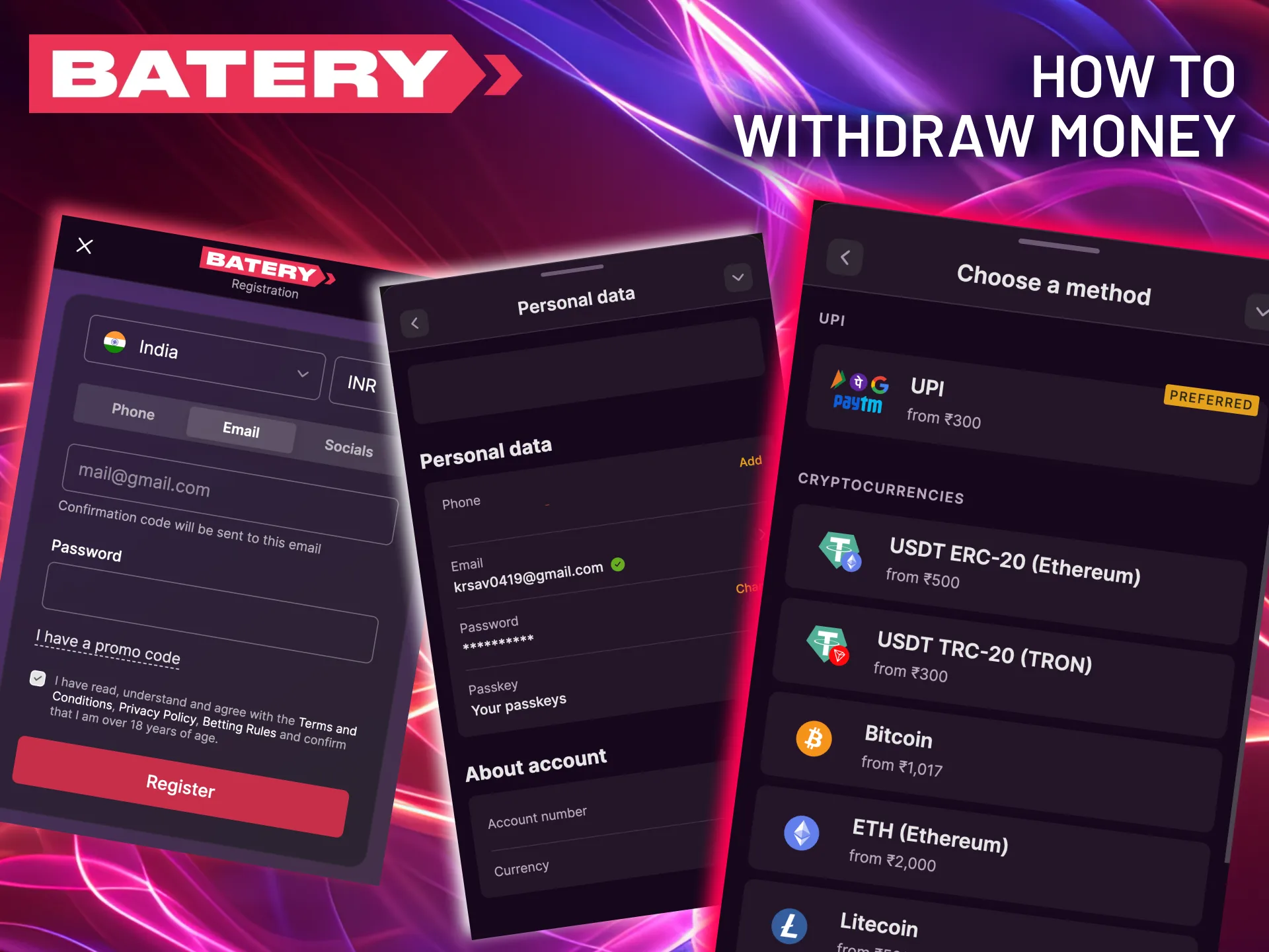 Withdraw funds from Batery by selecting a method and submitting your details.