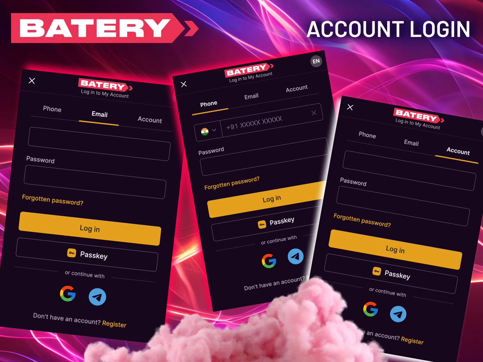 Log in to your Batery account using your email or phone and password.