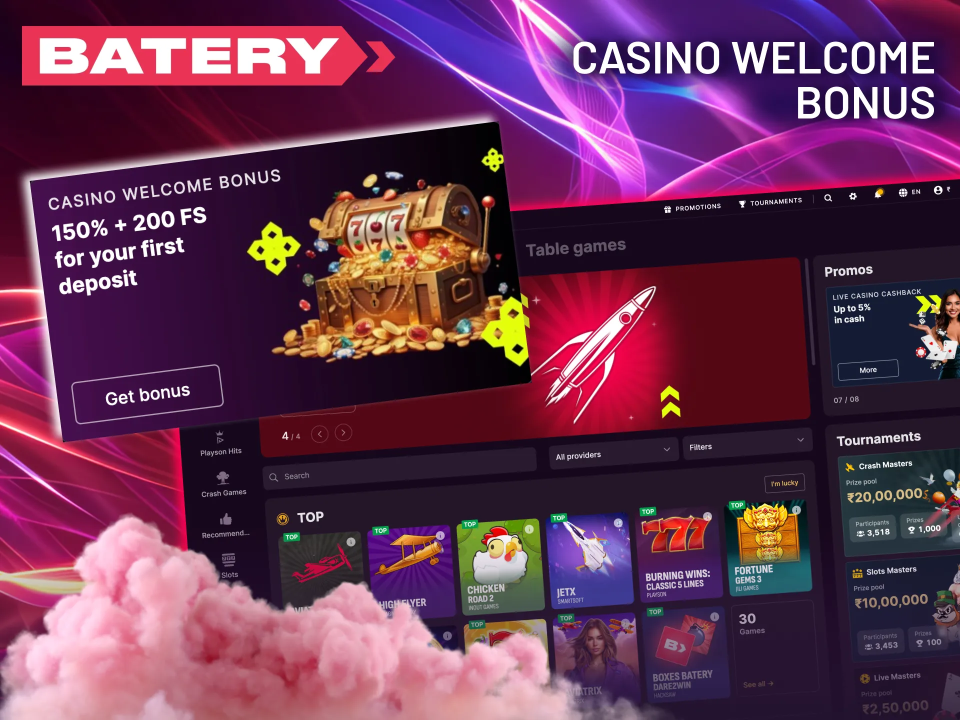 Enjoy Batery casino rewards with x40 wagering rule.