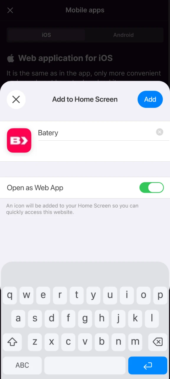 Add the name and confirm adding the Batery shortcut.