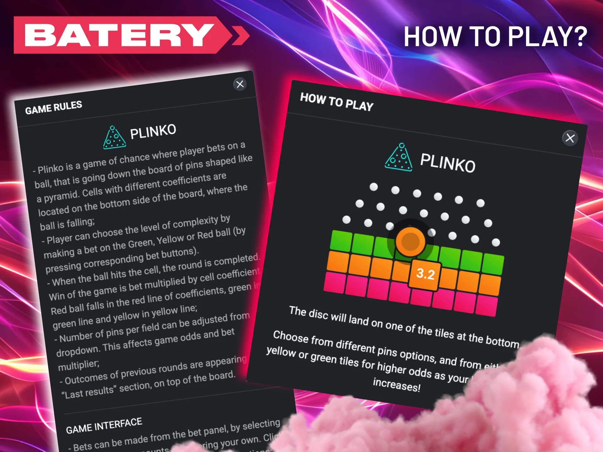 Play Plinko on Batery, choose risk, drop ball, and win multipliers.