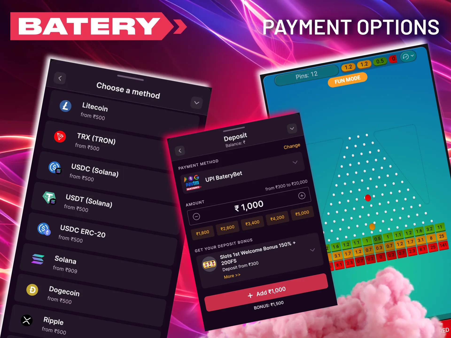 Batery supports UPI, cards, and crypto for Plinko deposits and withdrawals.