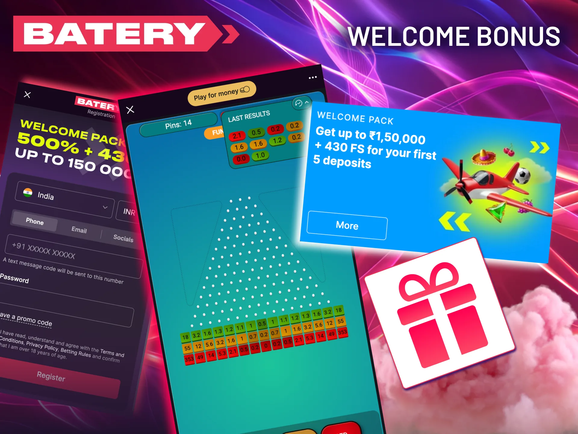 Batery offers 500% welcome bonus for Plinko and other casino games.