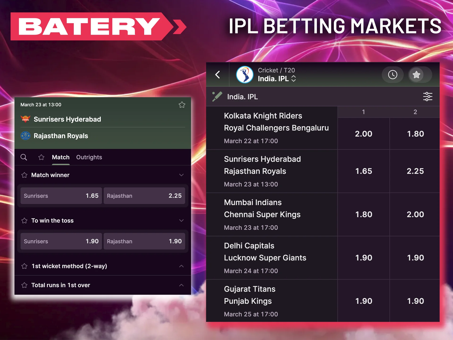 Carefully study all possible options for betting on the IPL at the Batery bookmaker.
